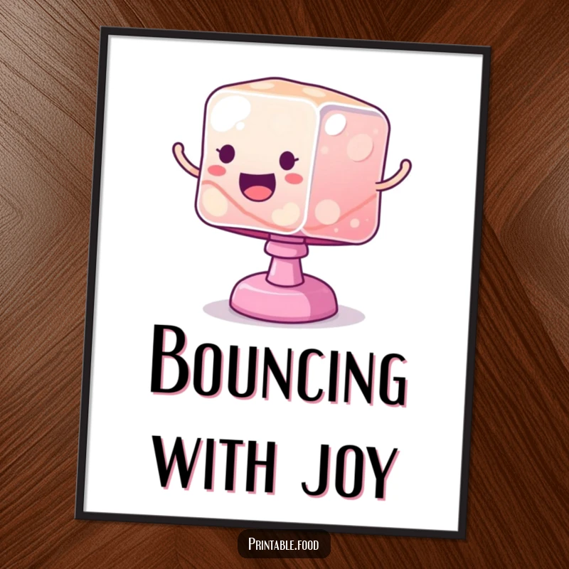 Funny poster art of a wobbly jelly cube bouncing excitedly, symbolizing playful energy, joy, and whimsical movement.