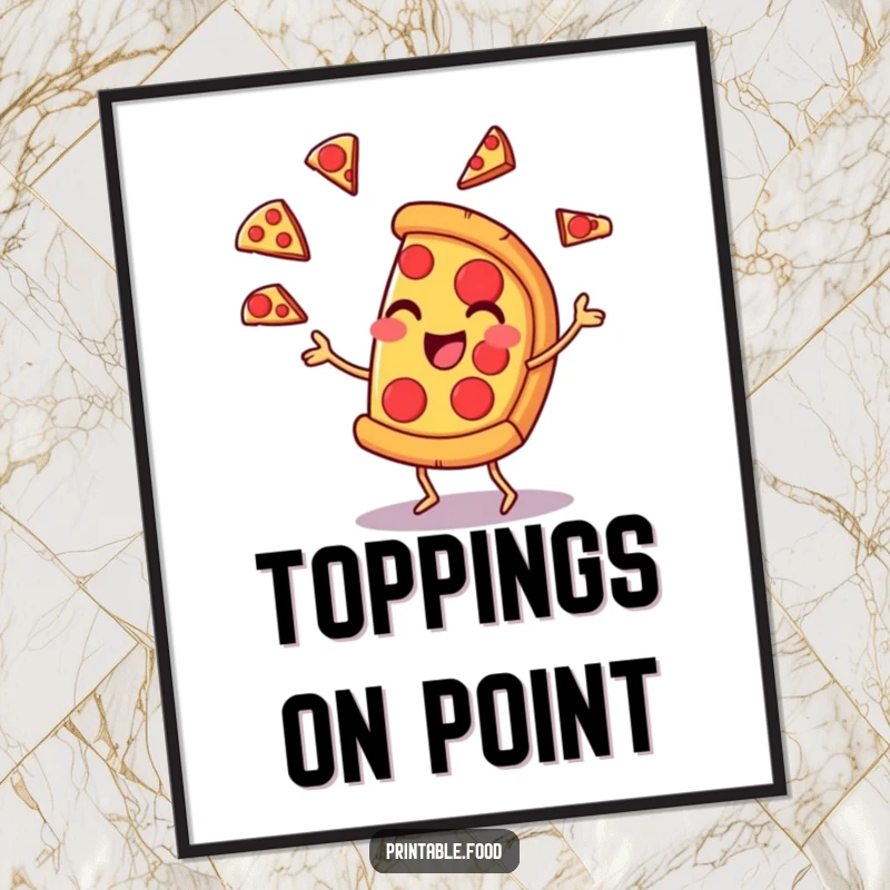 Funny poster of a pizza slice character juggling pepperoni slices with a confident smirk, a delightful and humorous piece of wall art.