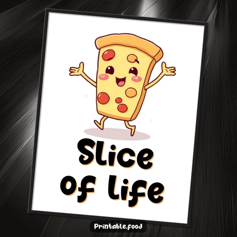 Funny pizza slice character with arms and legs energetically dancing across a poster, perfect for vibrant and humorous wall art.