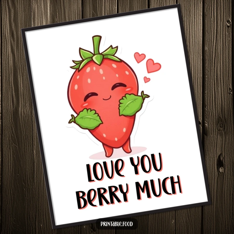 Funny Strawberry Kiss Art Print: A giggling strawberry character with leafy arms sends a kiss, adding a dose of sweet, humorous charm.