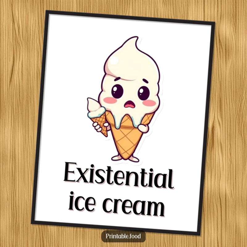 Funny poster of a surprised ice cream cone character with a melting scoop, perfect whimsical wall art and a humorous gift.