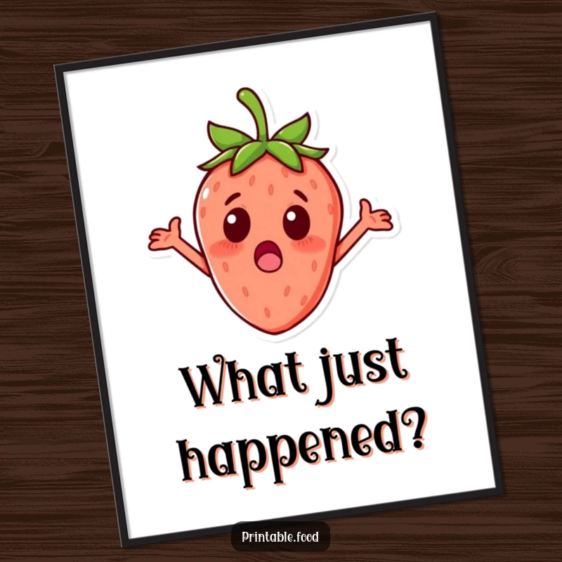 Funny surprised strawberry character with tiny arms outstretched, displayed on a poster for charming fruit-themed decor.