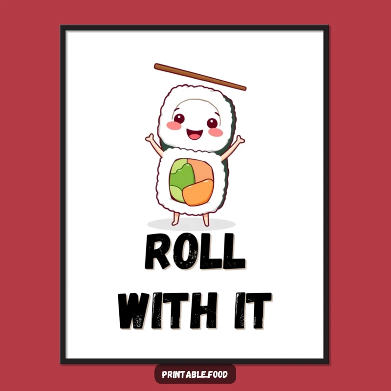 Funny Sushi Art Poster: Smiling Roll Handstand, Perfect Kitchen Decor Gift