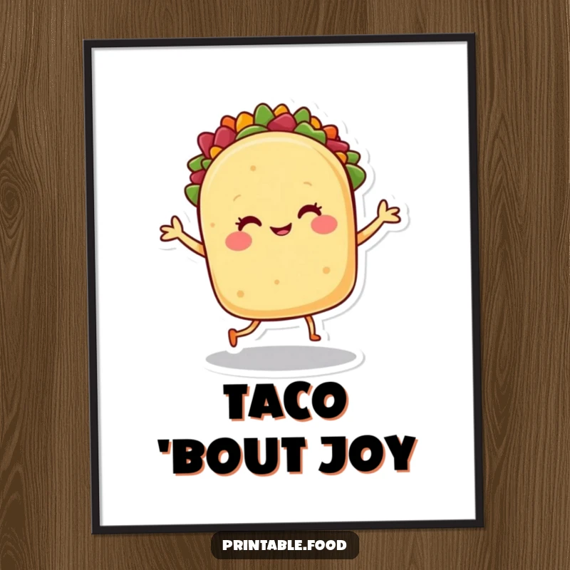 Funny poster: A smiling taco character dances joyfully, a vibrant and energetic piece celebrating Mexican-inspired fun.