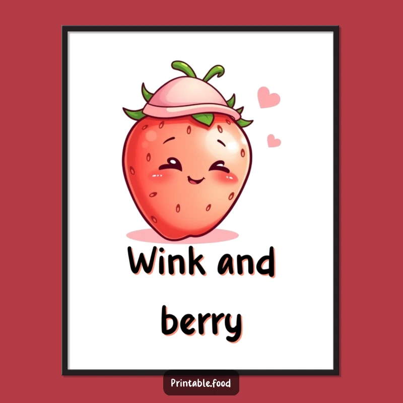 Funny Winking Strawberry Hat Poster - Adorable Fruit Wall Art Decor