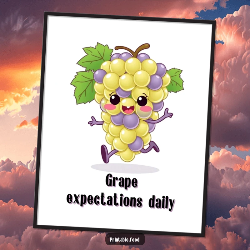 Funny grape bunch character with tiny feet running with gusto, printed on a poster for a humorous and energetic wall decoration.