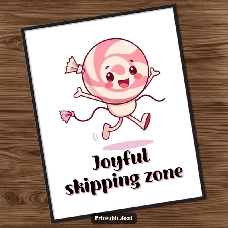 Funny cheerful candy poster featuring a character skipping with joy, wrappers trailing, ideal for adding sweetness to rooms.