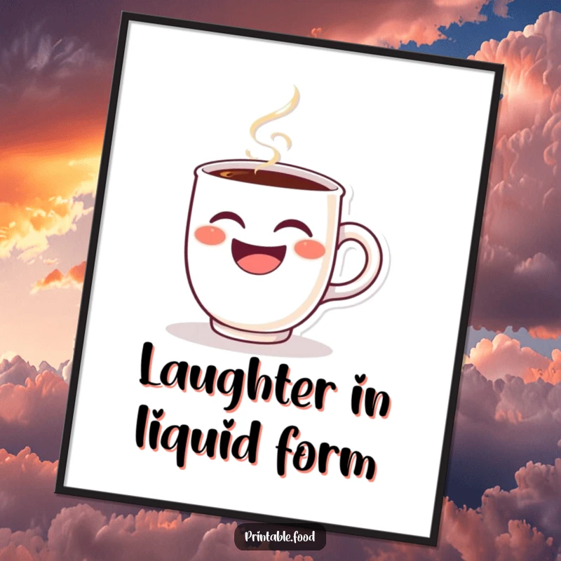 Funny poster of a winking coffee cup character, steam swirling around its head as it chuckles heartily, a comical piece of art.