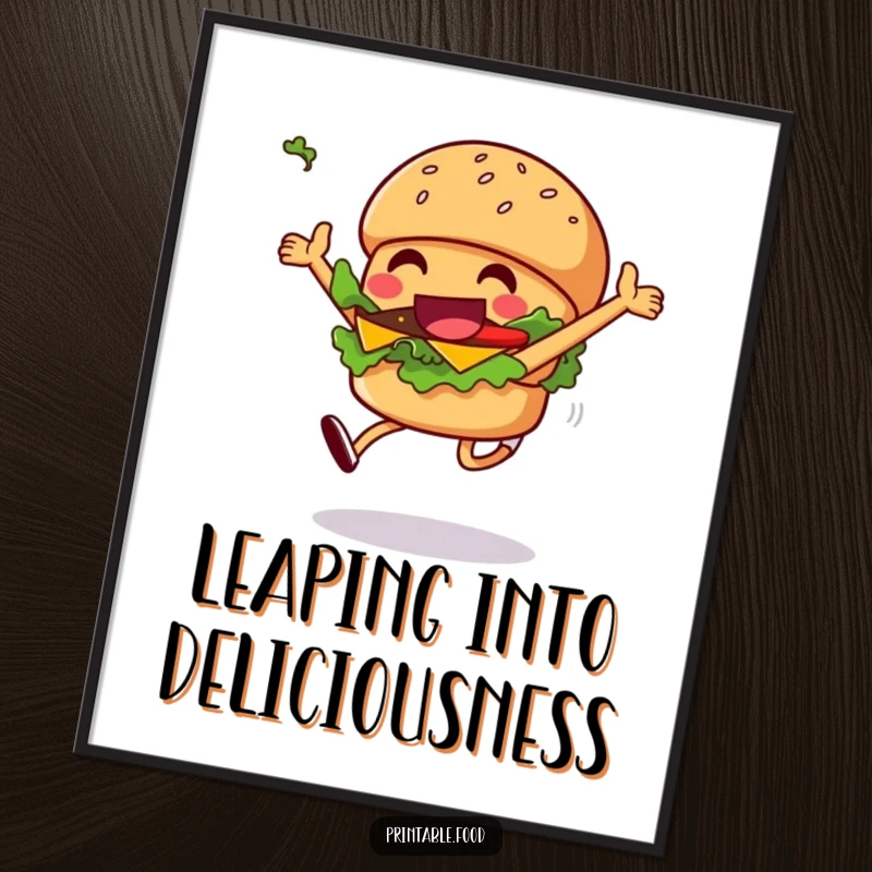 Funny grinning burger poster featuring a character leaping with delight, lettuce flying, ideal for adding fun to rooms.