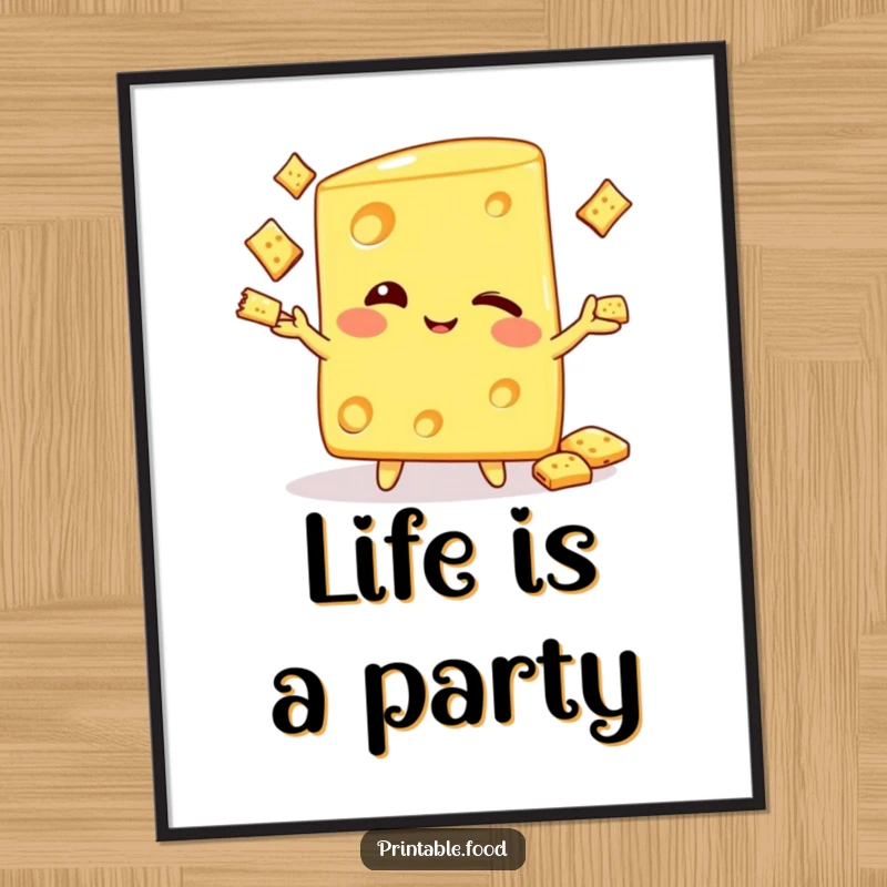 Funny poster of a winking cheese wedge character juggling tiny crackers, bringing a playful and cheesy vibe to any room.