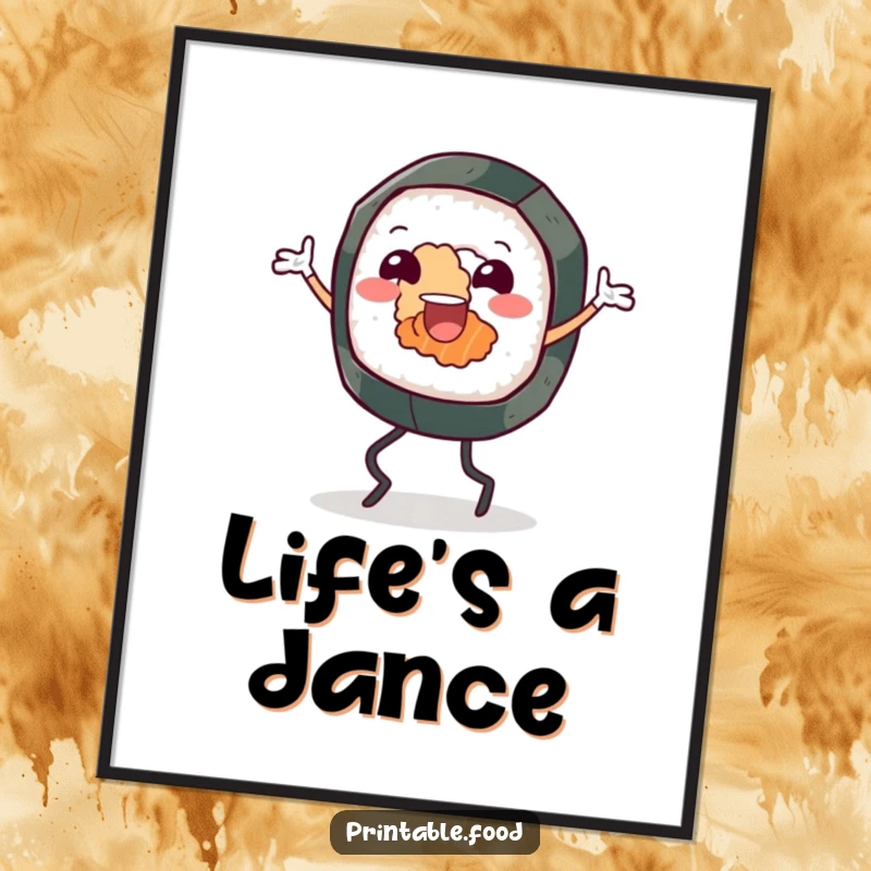 Funny poster of a cheerful sushi roll character with legs, captured in a lively and joyful jig, bringing movement and smiles.