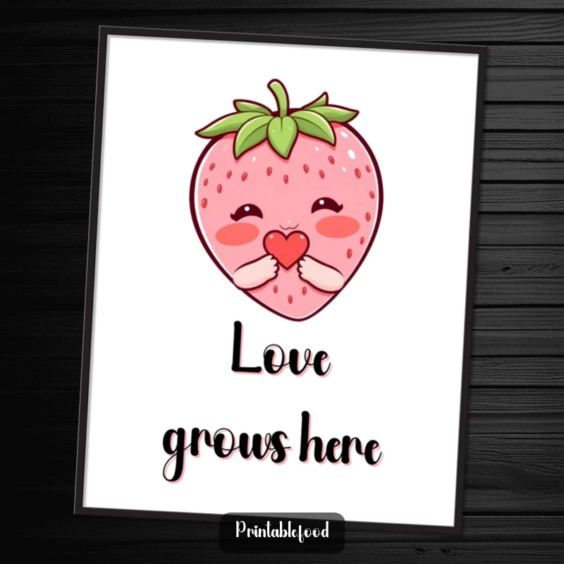 Funny poster artwork of a blushing strawberry character shyly offering a tiny heart, adding cute and humorous charm to any room.