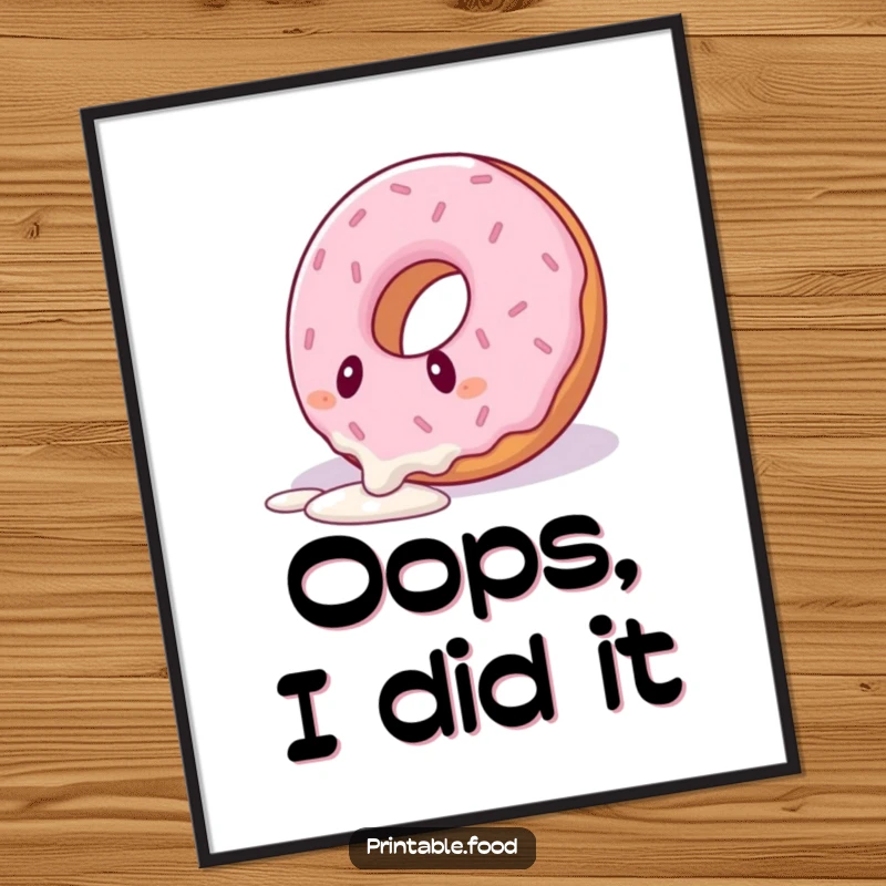 Funny poster art of a donut character comically tripping over its icing drizzle, adding a humorous touch to decor.