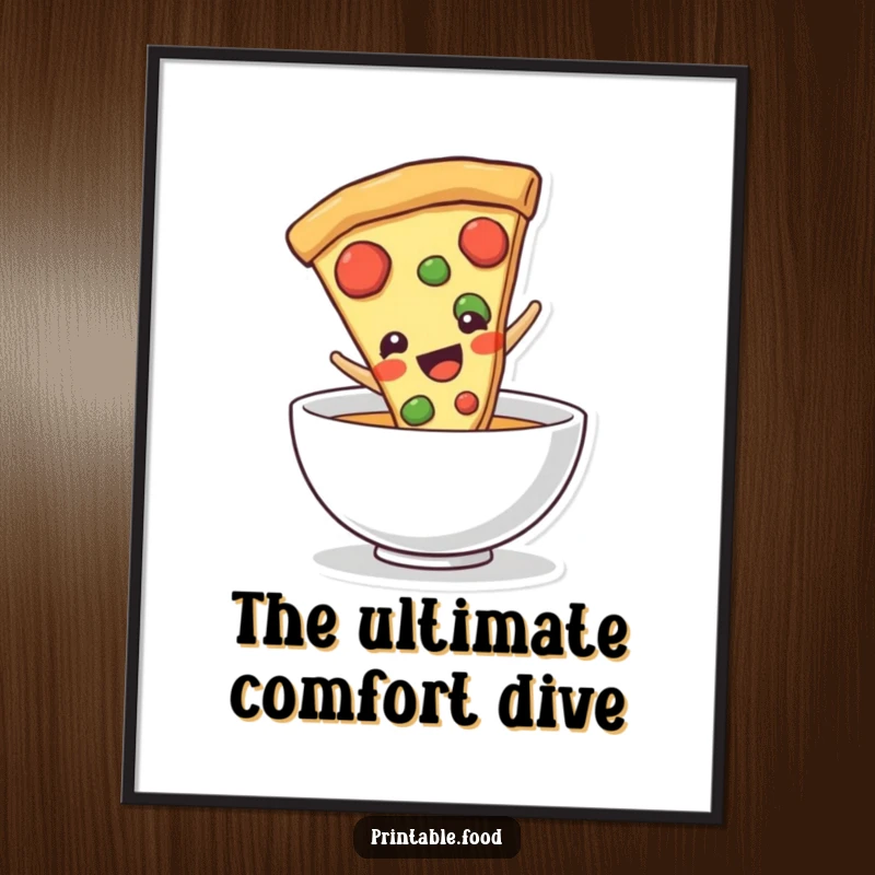 Funny pizza slice character in mid-slide into a bowl, depicted in a vibrant poster, conveying deliciousness and comedic delight.