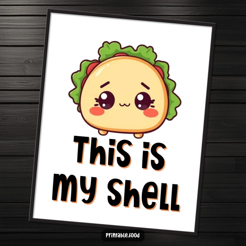 Funny poster print of a wide-eyed, surprised taco character with its shell slightly ajar, a humorous piece of Mexican-themed art.