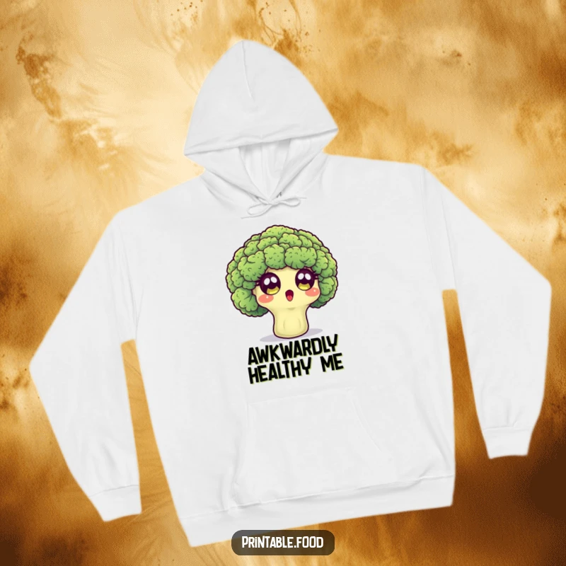 Funny hoodie depicting a surprised broccoli floret with wide eyes, designed for cozy amusement.