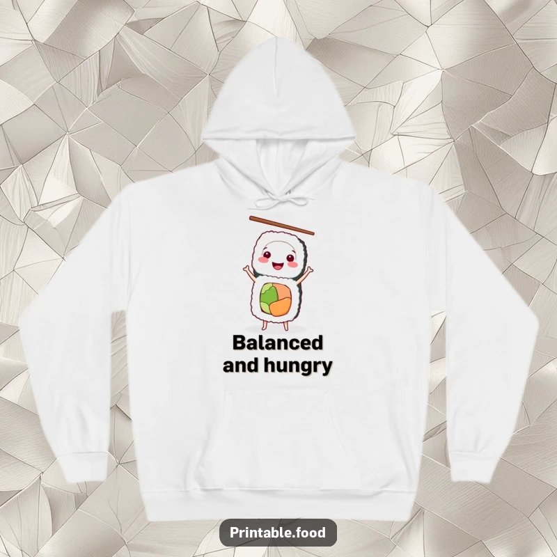 Funny Hoodie with a smiling sushi roll in a handstand, chopsticks poised, celebrating Japanese food humor.