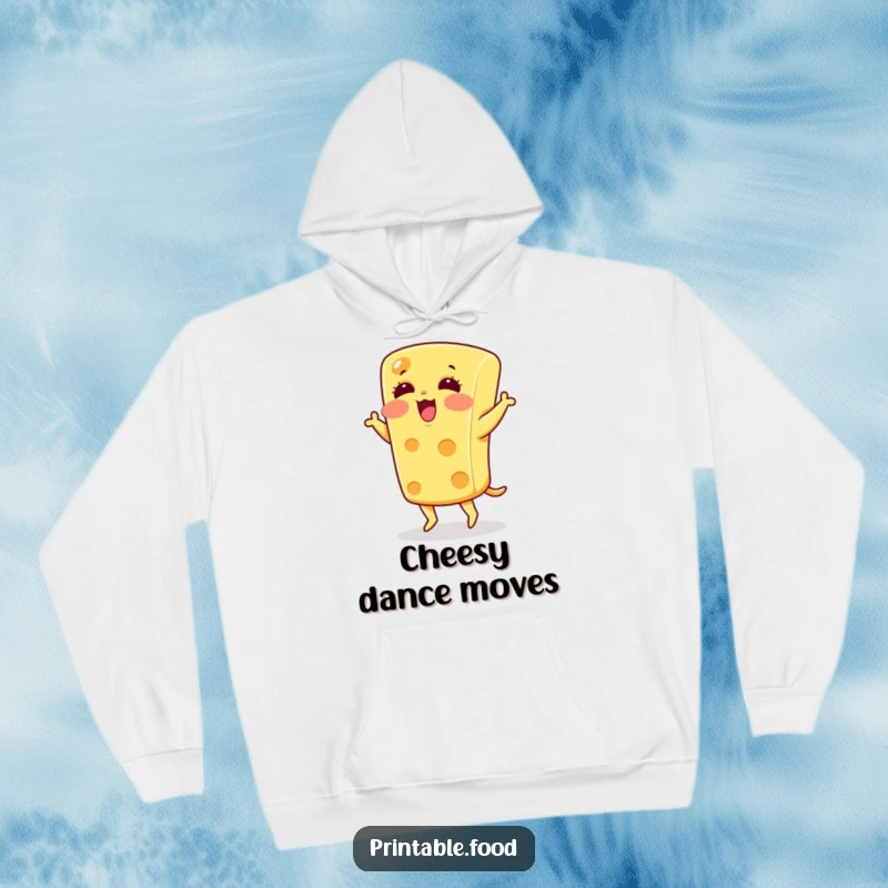 Funny blushing cheese doing a silly dance on a comfortable hoodie, ideal for cozy food-themed humor.