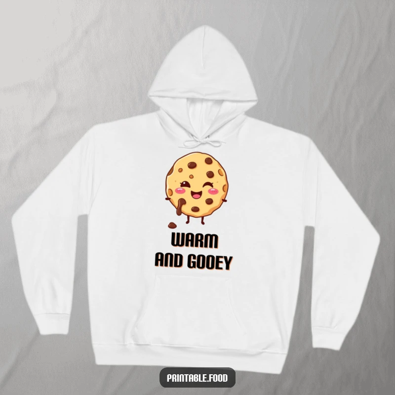 Funny hoodie depicting a happy cookie character with melting chocolate chips, designed for cozy enjoyment.