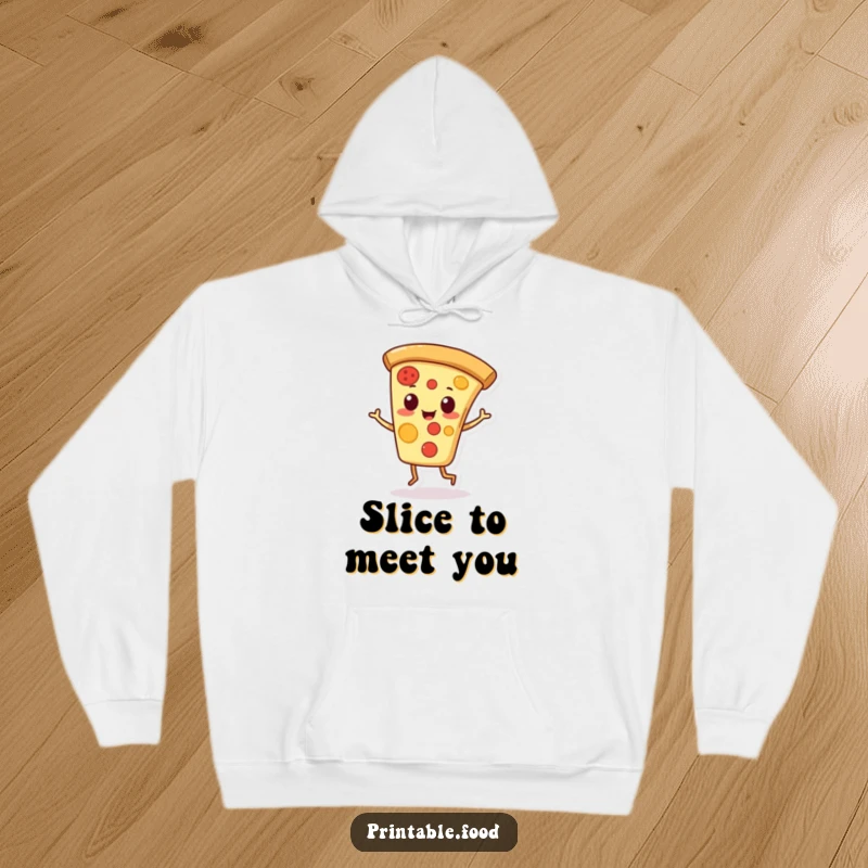 Funny hoodie depicting a playful pizza slice character doing a jaunty jig, designed for cozy enjoyment.