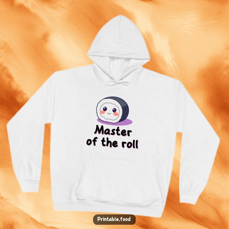 Funny Hoodie featuring a happy sushi roll with eyes rolling across a purple gradient, offering cozy comfort and style.