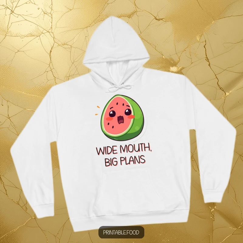 Funny Hoodie featuring a surprised watermelon slice with a wide mouth open, offering cozy comfort and a refreshing vibe.