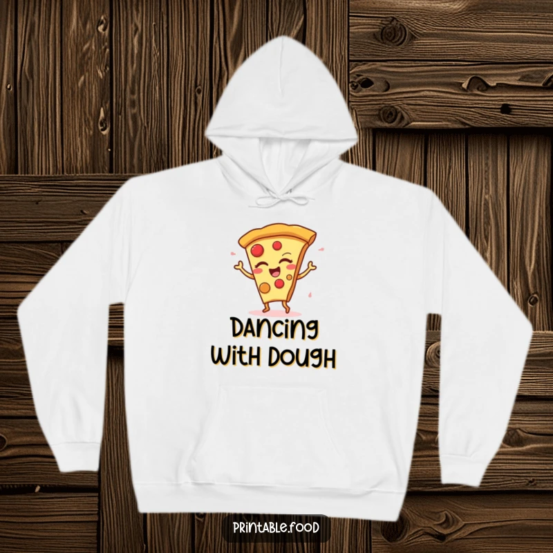 Funny Hoodie design of a winking pizza slice character captured mid-dance, full of energy and cheesy fun.