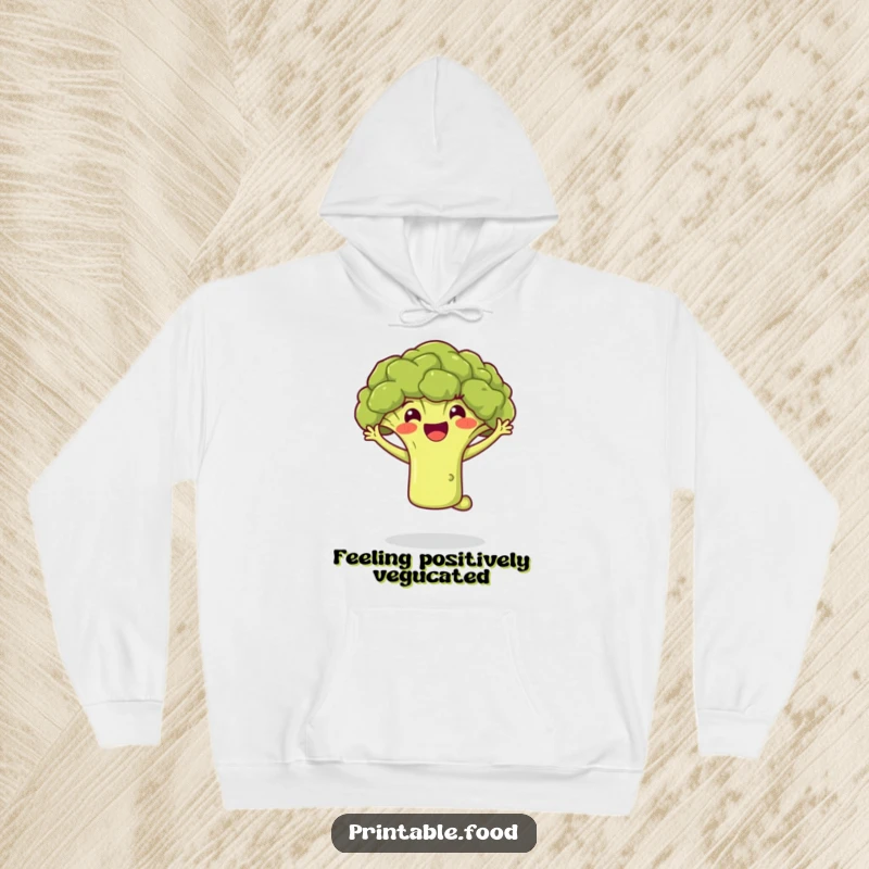 Funny hoodie showcasing a jubilant broccoli floret caught in a joyful jump, offering comfort and a splash of lively humor.