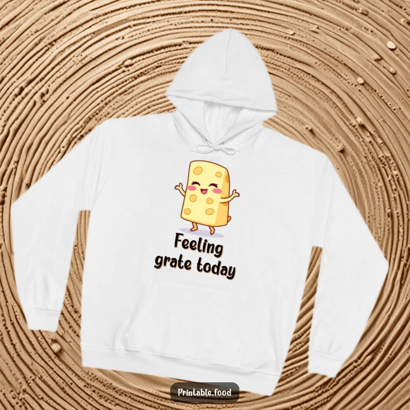 Funny hoodie featuring a winking cheese wedge character doing a playful jig, combining comfort with irresistible cheesy fun.