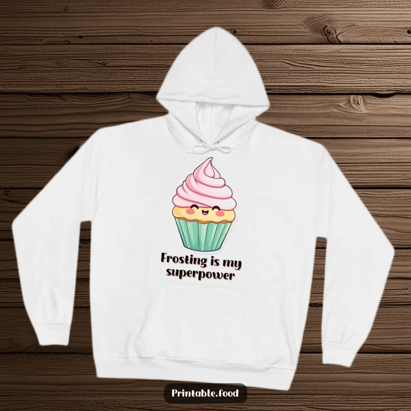 Funny hoodie featuring a cupcake character with dynamically rising and falling frosting, embodying playful baking humor and cozy warmth.