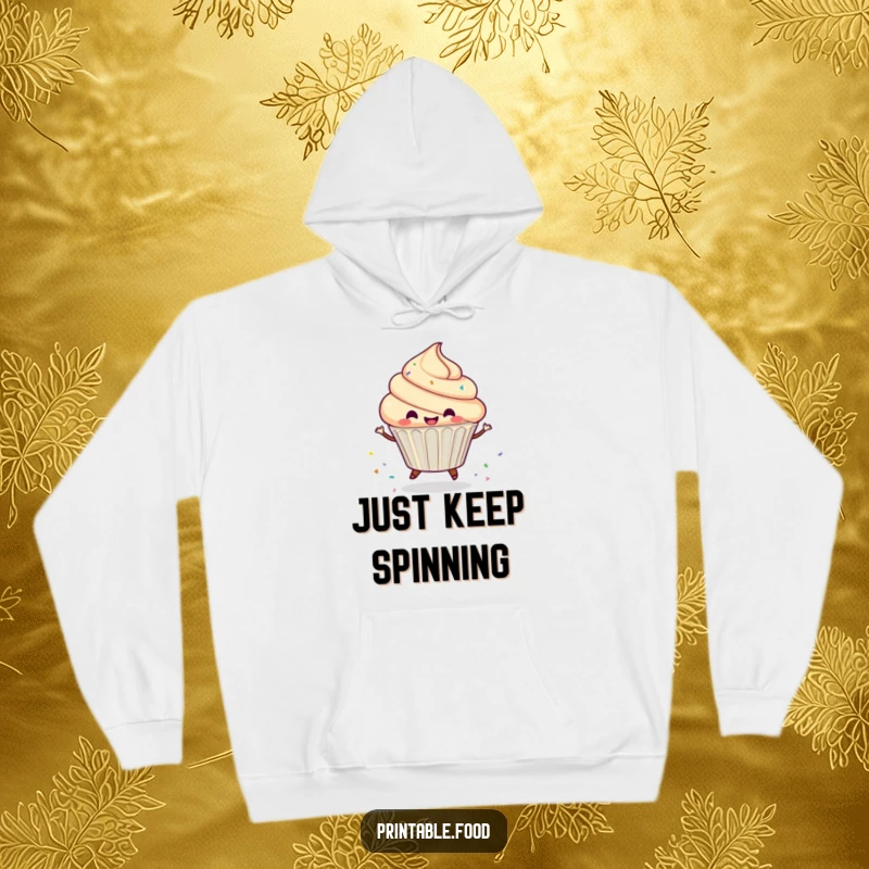 Funny Hoodie graphic of a gleeful cupcake character spinning energetically, leaving a whimsical trail of colorful sprinkles behind.