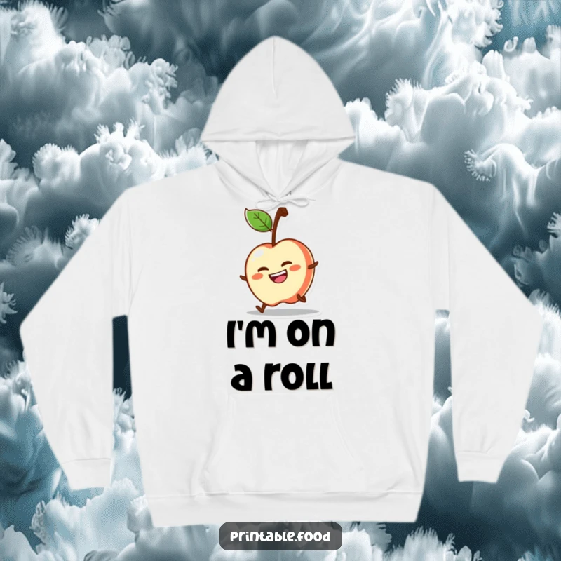 Funny hoodie depicting a determined apple character joyfully rolling downhill, symbolizing unstoppable momentum.