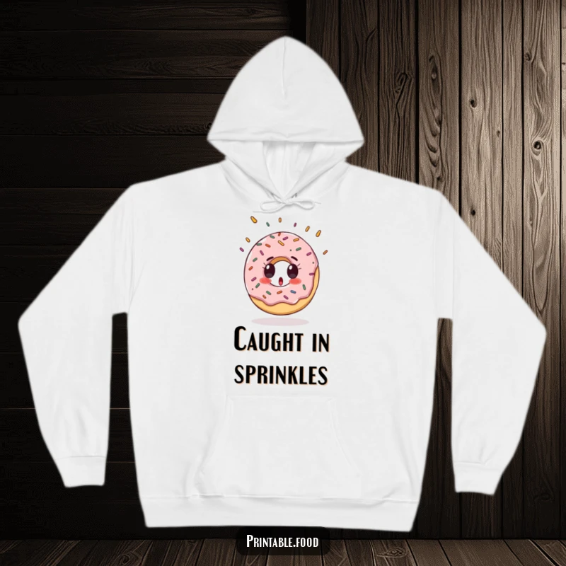 Funny Hoodie with a surprised donut character and falling sprinkles, offering cozy, sweet comfort.