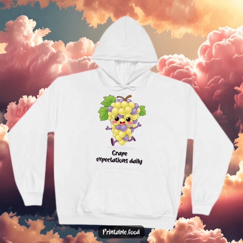 Funny animated grape bunch with small feet captured mid-run on a soft hoodie, perfect for a cozy and humorous look.