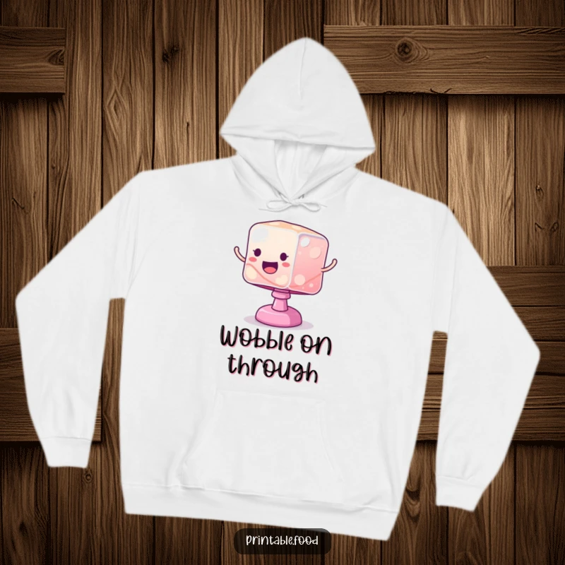Funny hoodie featuring a wobbly jelly cube bouncing excitedly, offering comfort and a symbol of playful, energetic fun.
