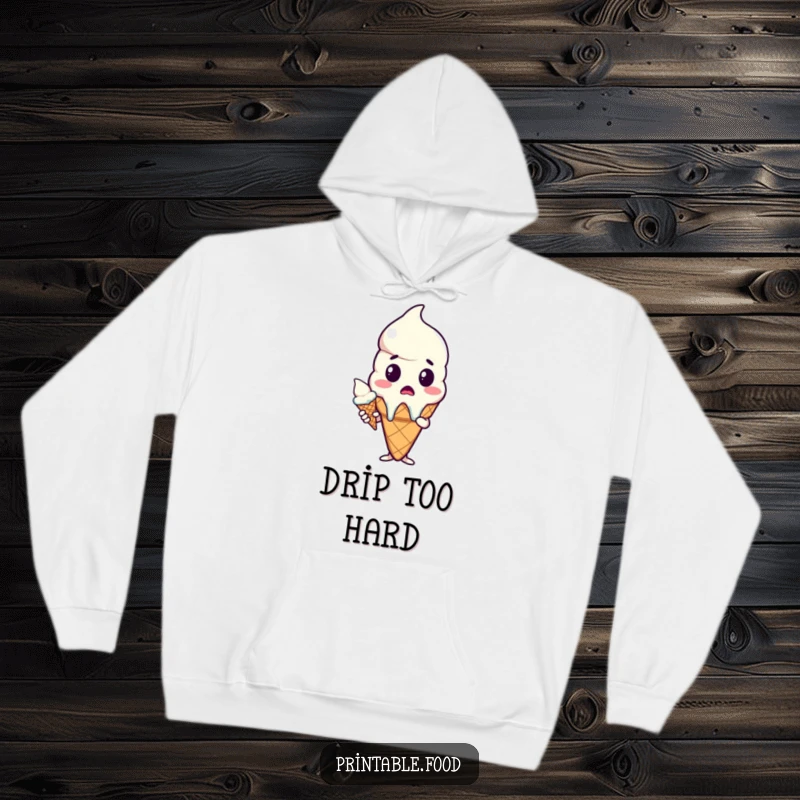 Funny hoodie depicting a surprised anthropomorphic ice cream cone with a melting scoop, excellent for a humorous gift.