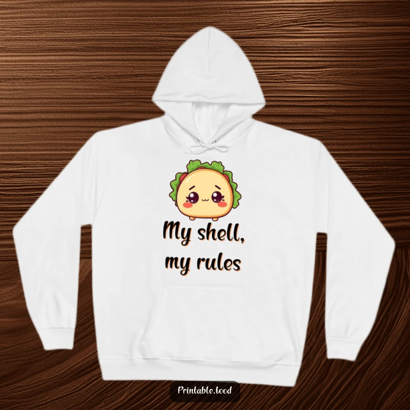 Funny hoodie with a wide-eyed, surprised taco character and an open shell, perfect for staying warm and humorous.