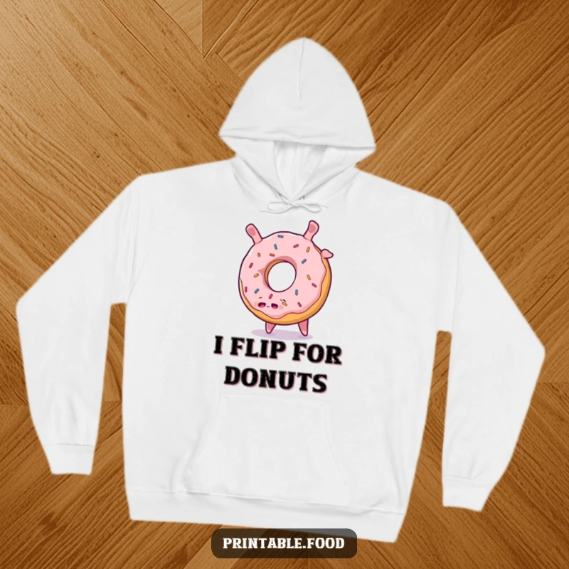 Funny Donut Somersault Hoodie: A plump donut with colorful sprinkles performs a somersault, offering warmth, comfort, and a dose of humor.
