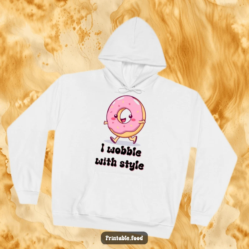 Funny Hoodie: A jelly donut character in a silly walk motion, radiating sugary fun and gentle humor, perfect for casual wear.