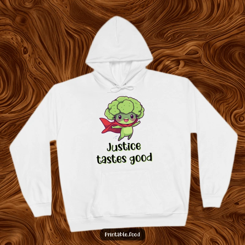 Funny hoodie featuring a bold broccoli floret with a flowing superhero cape, flying high with a mission.