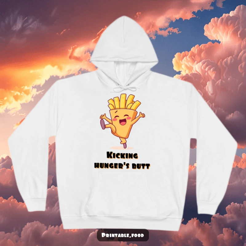 Funny hoodie displaying a delighted french fry character powerfully executing a high kick, radiating fun and energy.