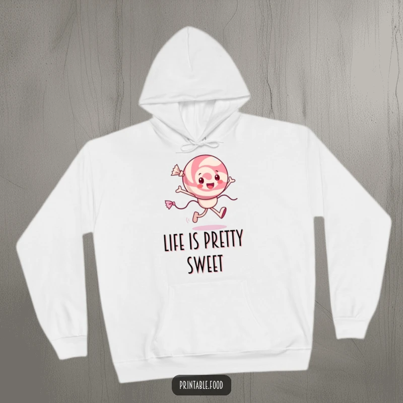 Funny cheerful candy hoodie with a character skipping joyfully, wrappers trailing, perfect for cozy and fun wear.