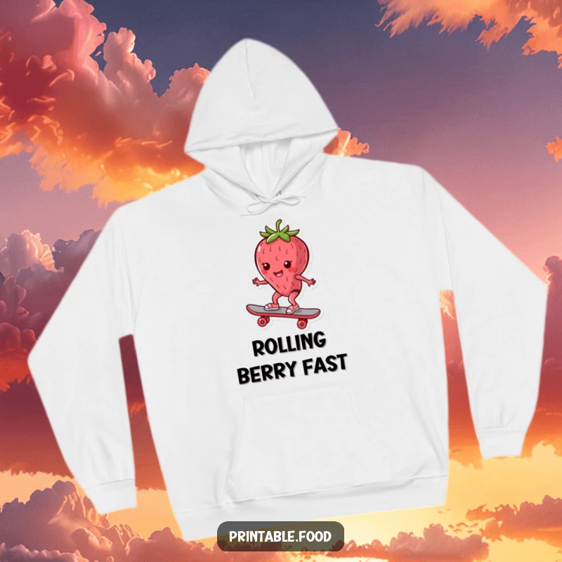 Funny Hoodie: A playful strawberry character in motion on a skateboard, radiating a cool, funny vibe for casual wear.