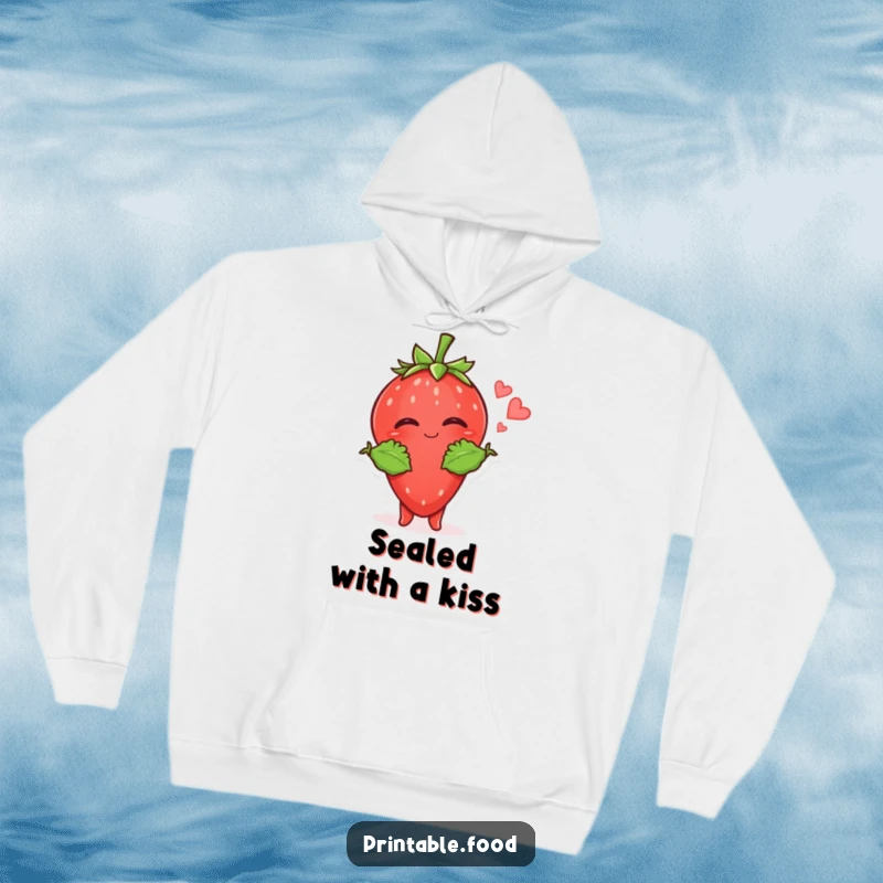 Funny Strawberry Kiss Hoodie: A giggling strawberry character with leaf-like arms sends a sweet kiss, offering warmth and humor.