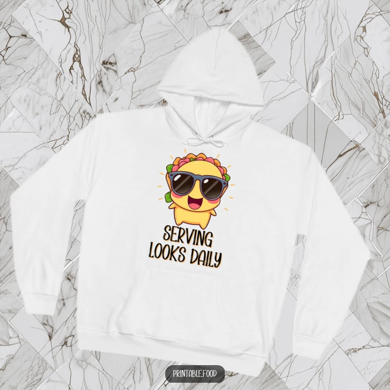 Funny Hoodie featuring a cheerful taco wearing sunglasses, bursting with laughter, offering cozy comfort and festive style.
