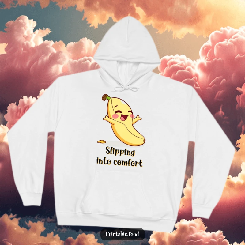 Funny hoodie: A joyful banana character laughs uncontrollably while slipping on its own peel, depicted in a comical, cartoon style.