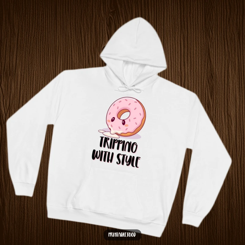 Funny hoodie design of a donut character comically falling over its own icing drizzle, perfect for relaxed humor.