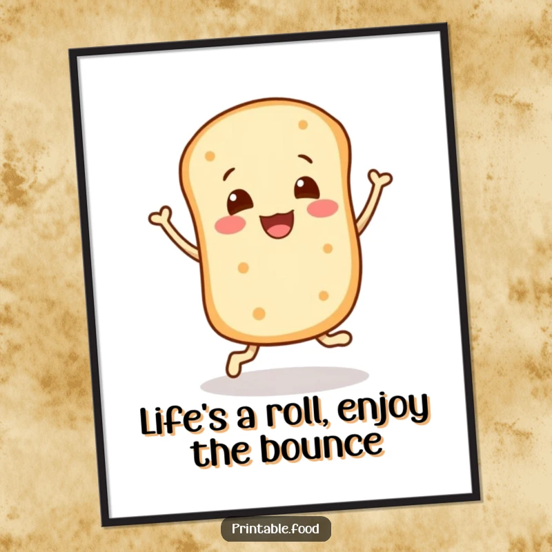 Funny Free Printable Bread Roll Wall Art: A lovable bread roll character performs a happy, energetic bounce, full of delight.