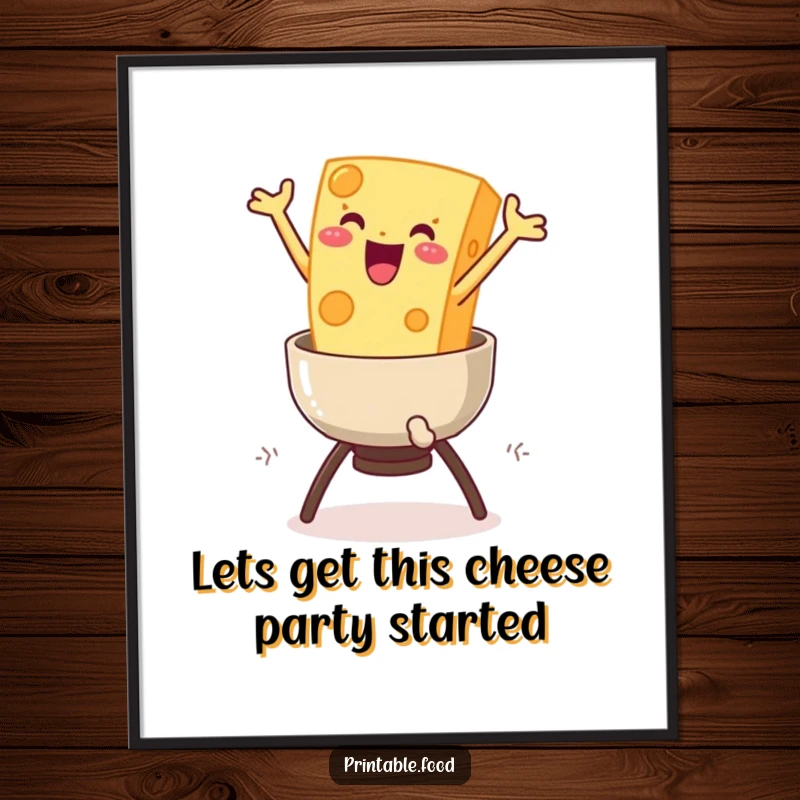 Funny Free Printable Wall Art: Delighted cheese character leaping into fondue, adding a quirky and humorous touch to decor, DIY art.