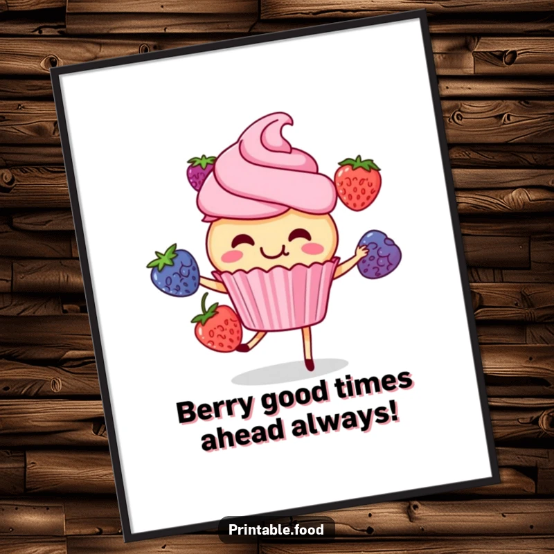 Funny Free Printable Wall Art: Cheerful cupcake character with berries mid-air, juggling with a giggle.